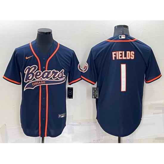 Men Chicago Bears #1 Justin Fields Navy Cool Base Stitched Baseball Jersey