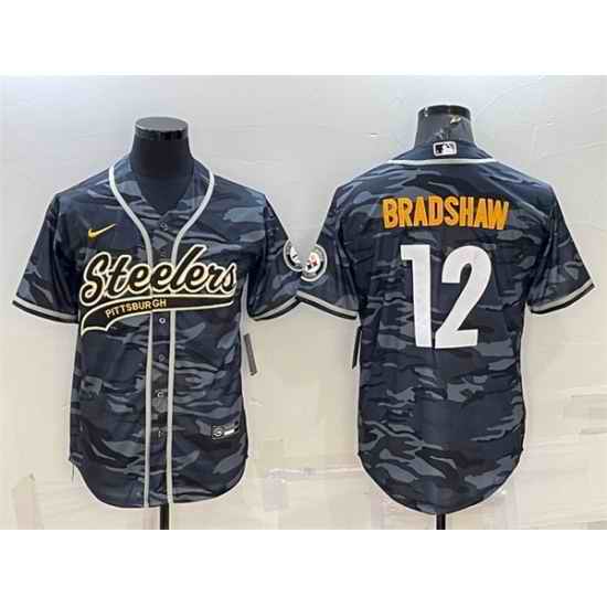Men Pittsburgh Steelers #12 Terry Bradshaw Grey Navy Camo With Patch Cool Base Stitched Baseball Jersey