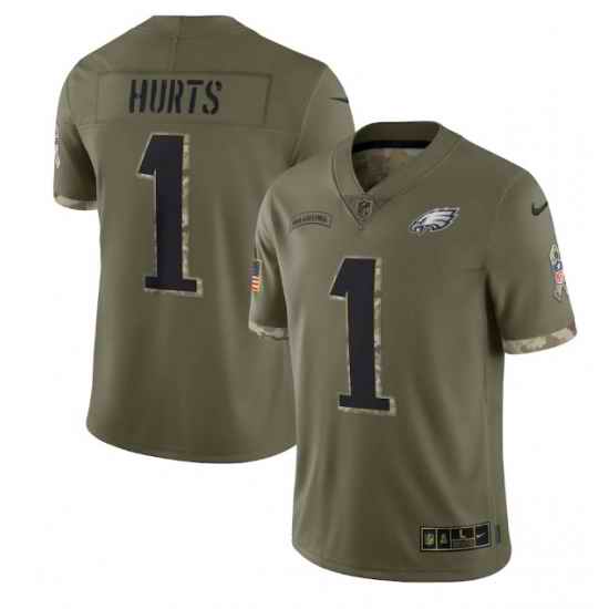 Men Philadelphia Eagles #1 Jalen Hurts Olive 2022 Salute To Service Limited Stitched Jersey