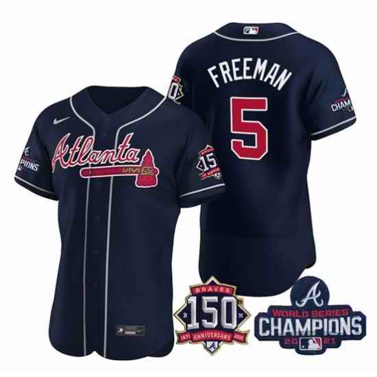 Men's Navy Atlanta Braves #5 Freddie Freeman 2021 World Series Champions With 150th Anniversary Flex Base Stitched Jersey