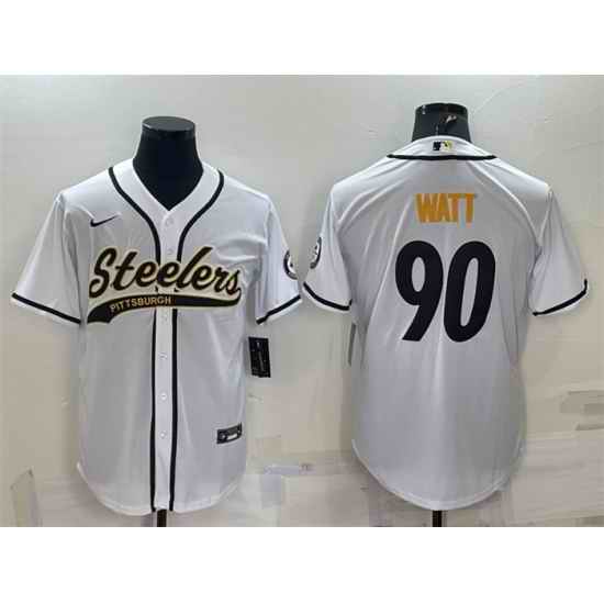 Men Pittsburgh Steelers #90 T J  Watt White With Patch Cool Base Stitched Baseball Jersey