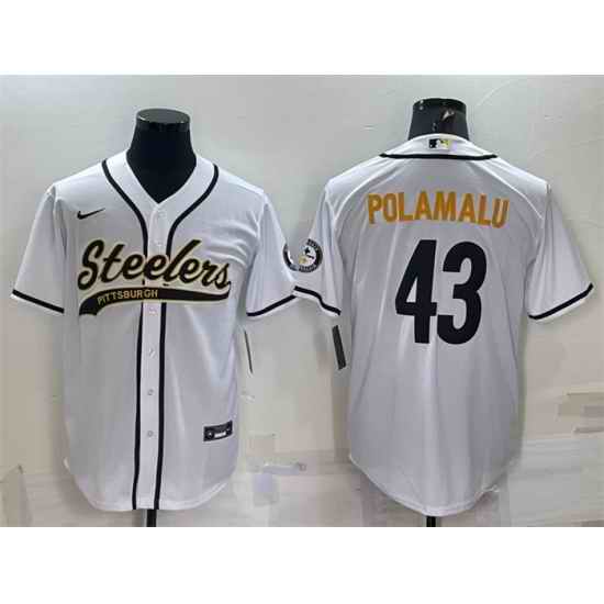 Men Pittsburgh Steelers #43 Troy Polamalu White With Patch Cool Base Stitched Baseball Jersey
