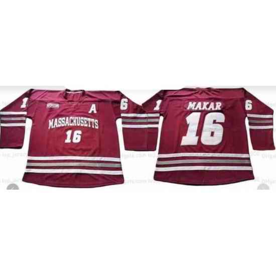 Men COllege Hockey Masachusetts #16 Makar Red Jersey