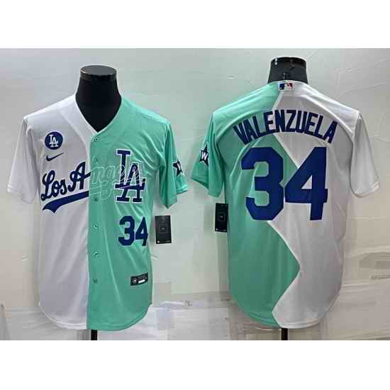 Men Los Angeles Dodgers #34 Fernando Valenzuela 2022 All Star White  Green Cool Base Stitched Baseball Jersey