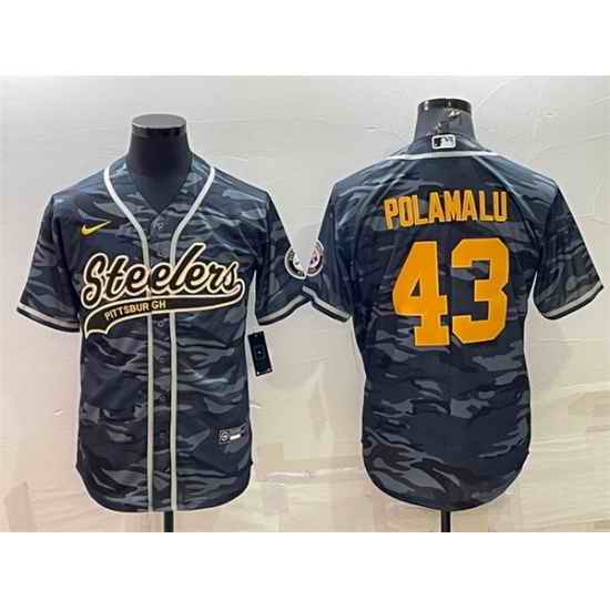 Men Pittsburgh Steelers #43 Troy Polamalu Grey Navy Camo With Patch Cool Base Stitched Baseball Jersey