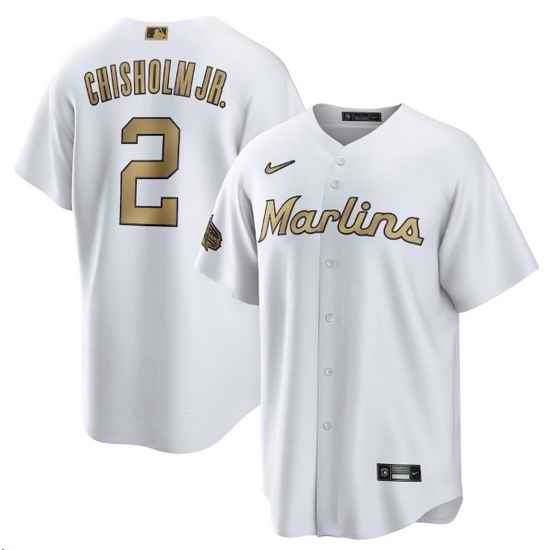 Men Miami Marlins #2 Jazz Chisholm Jr  2022 All Star White Cool Base Stitched Baseball Jersey
