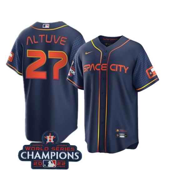 Men Houston Astros #27 Jose Altuve Navy 2022 World Series Champions City Connect Stitched Baseball Jersey