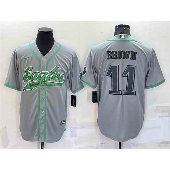 Men Philadelphia Eagles #11 A J  Brown Grey With Patch Cool Base Stitched Baseball Jersey