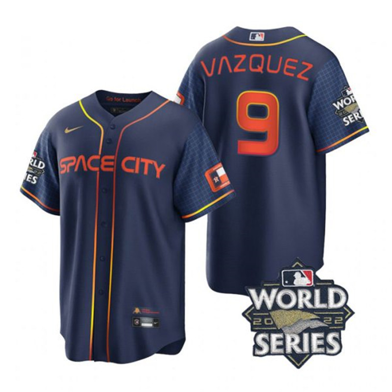 Astros #9 Christian Vazquez Navy Nike 2022 World Series City Connect Cool Base Jersey