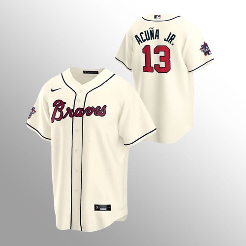 Atlanta Atlanta Braves #13 Ronald Acuna Jr. Men’s Nike 150th Anniversary 2021 World Series Game MLB Jersey – Cream Men’s