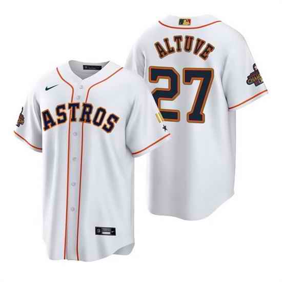 Men Houston Astros #27 Jose Altuve White Gold 2022 World Series Champions Stitched Baseball Jersey