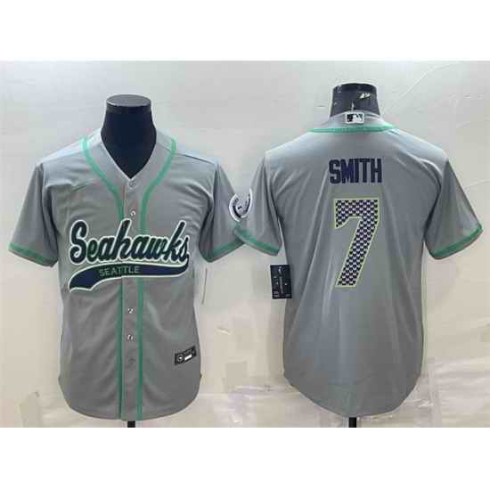 Men Seattle Seahawks #7 Geno Smith Grey With Patch Cool Base Stitched Baseball Jersey