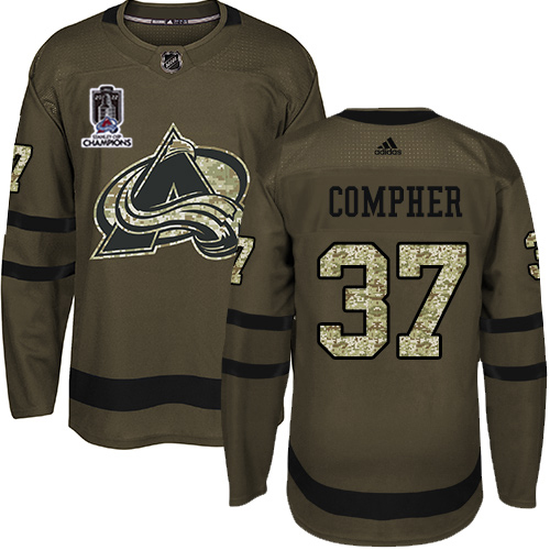 Adidas Colorado Avalanche #37 J.T. Compher Green Youth 2022 Stanley Cup Champions Salute To Service Stitched NHL Jersey Youth