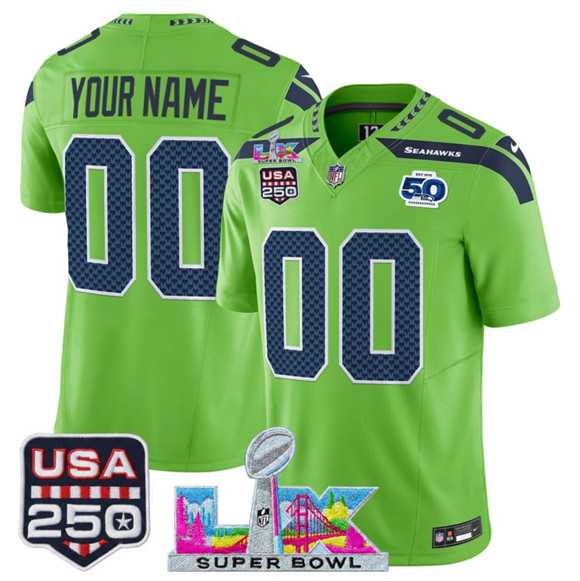 Men%27s Seattle Seahawks Active Player Custom Green 2025 F.U.S.E. Super Bowl LX & US 250th anniversary Patch And 50th Season Patch Vapor Limited Stitched Jersey