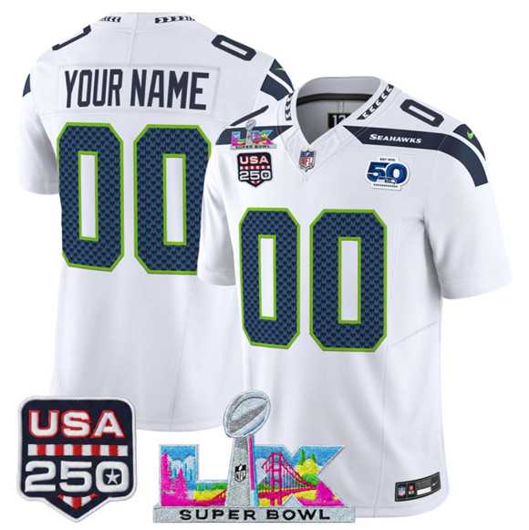 Men%27s Seattle Seahawks Active Player Custom White 2025 F.U.S.E. Super Bowl LX & US 250th anniversary Patch And 50th Season Patch Vapor Limited Stitched Jersey