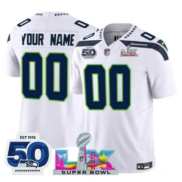 Men%27s Seattle Seahawks Active Player Custom White 2025 F.U.S.E. Super Bowl LX Patch And 50th Season Patch Vapor Limited Stitched Jersey