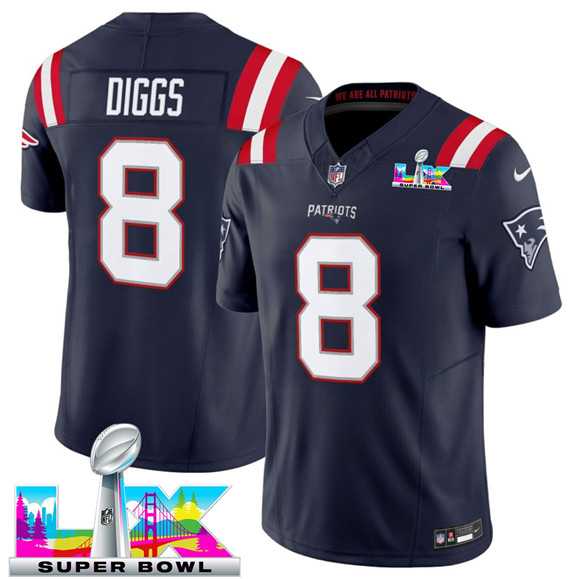 Men%27s New England Patriots #8 Stefon Diggs Navy 2025 F.U.S.E. Super Bowl LX Patch Vapor Limited Stitched Jersey