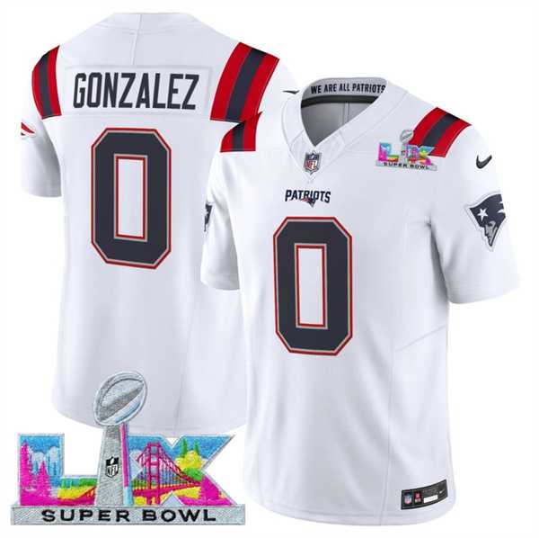 Men%27s New England Patriots #0 Christian Gonzalez White 2025 F.U.S.E. Super Bowl LX Patch Vapor Limited Stitched Jersey