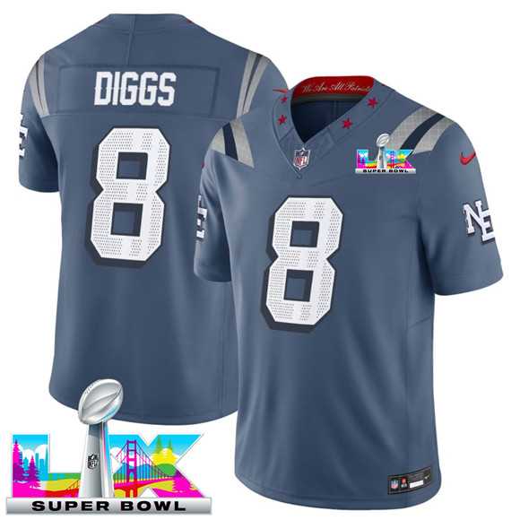 Men%27s New England Patriots #8 Stefon Diggs Storm Blue 2025 F.U.S.E. Super Bowl LX Patch %27Rivalries%27 Vapor Limited Stitched Jersey