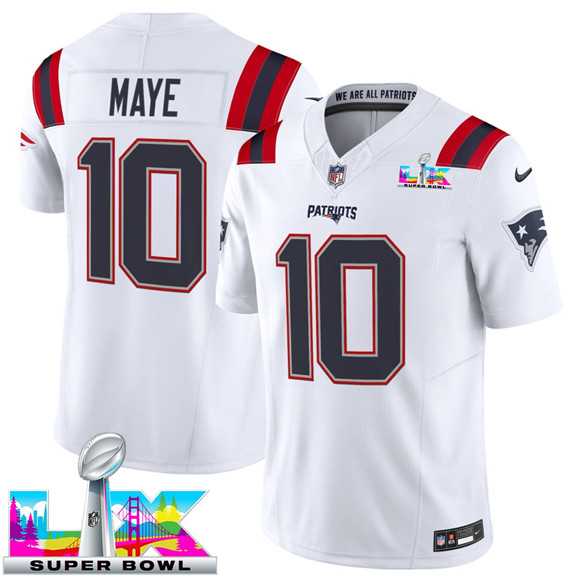Men%27s New England Patriots #10 Drake Maye White 2025 F.U.S.E. Super Bowl LX Patch Vapor Limited Stitched Jersey