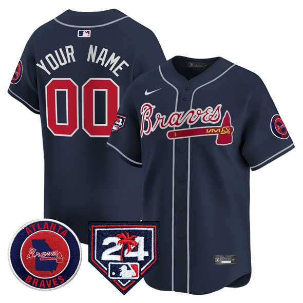 Men%27s Atlanta Braves Customized Navy 2024 Spring Training Patch Limited Stitched Baseball Jersey