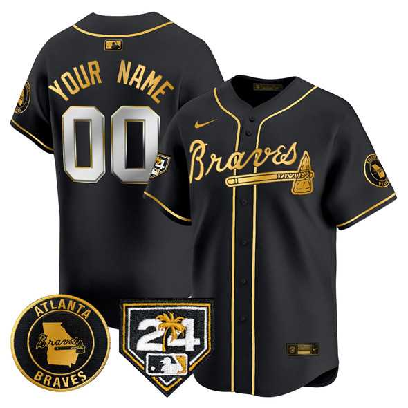 Men%27s Atlanta Braves Customized Black Gold 2024 Spring Training Patch Limited Stitched Baseball Jersey