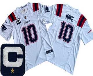 Men%27s New England Patriots #10 Drake Maye Limited White Captain Patch FUSE Vapor Stitched Jersey