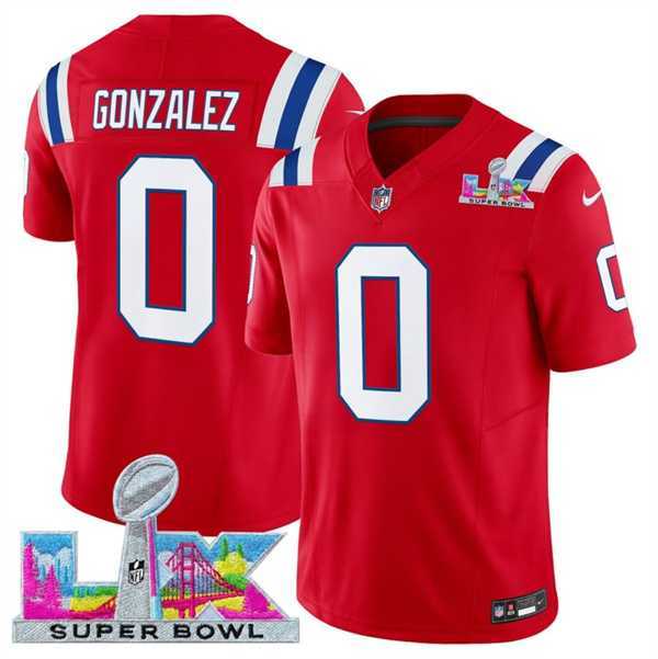 Men%27s New England Patriots #0 Christian Gonzalez Red 2025 F.U.S.E. Super Bowl LX Patch Vapor Limited Stitched Jersey