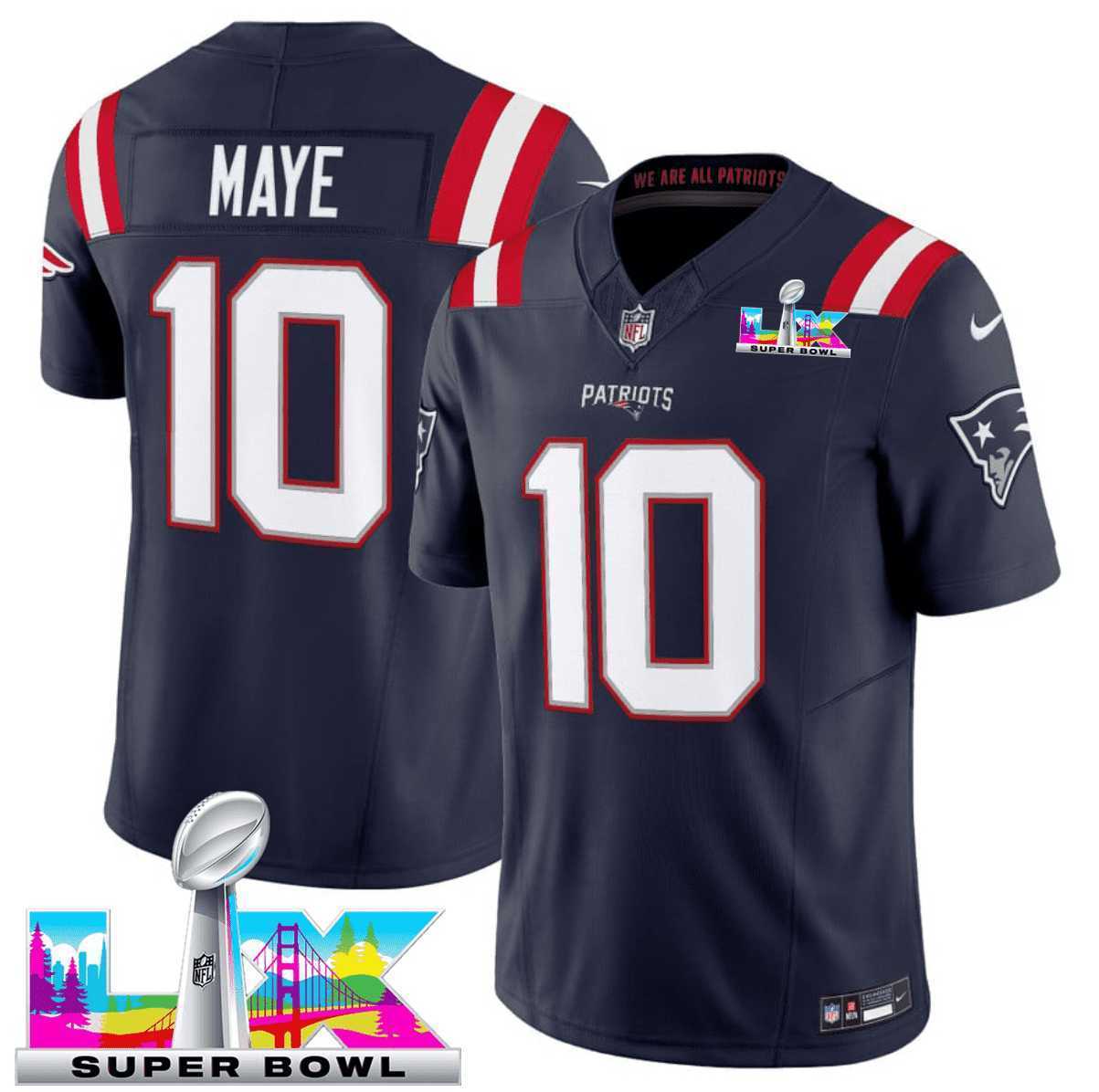 Men%27s New England Patriots #10 Drake Maye Navy 2025 F.U.S.E. Super Bowl LX Patch Vapor Limited Stitched Jersey