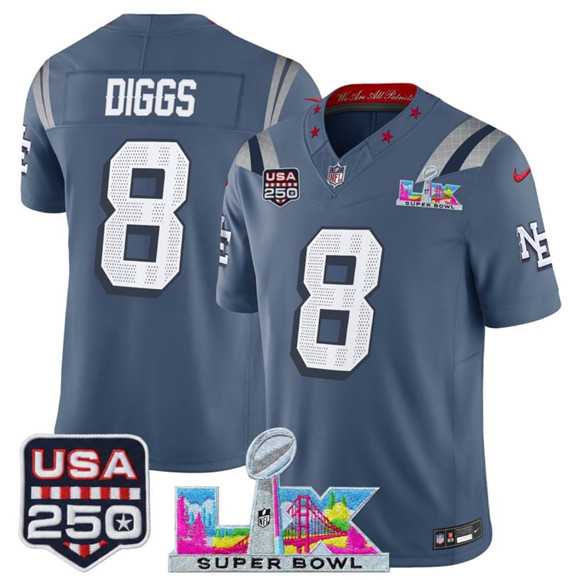 Men%27s New England Patriots #8 Stefon Diggs Storm Blue 2025 F.U.S.E. Super Bowl LX & USA 250%27 Patch %27Rivalries%27 Vapor Limited Stitched Jersey