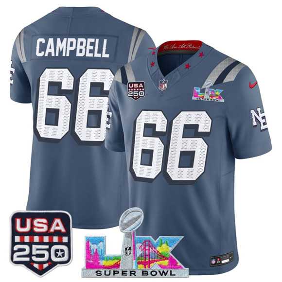 Men%27s New England Patriots #66 Will Campbell Storm Blue 2025 F.U.S.E. Super Bowl LX & USA 250%27 Patch %27Rivalries%27 Vapor Limited Stitched Jersey