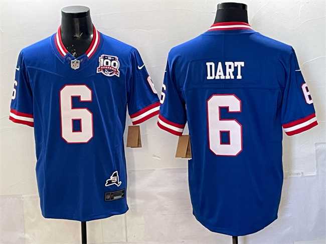 Men%27s New York Giants #6 Jaxson Dart Royal 2025 Draft F.U.S.E. 100th Season & State Patch Vapor Limited Stitched Jersey