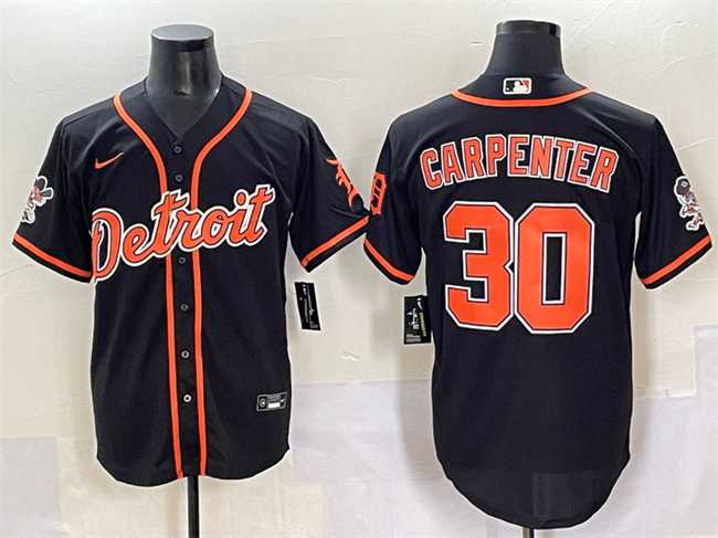 Men%27s Detroit Tigers #30 Kerry Carpenter Black With Patch Cool Base Stitched Baseball Jersey