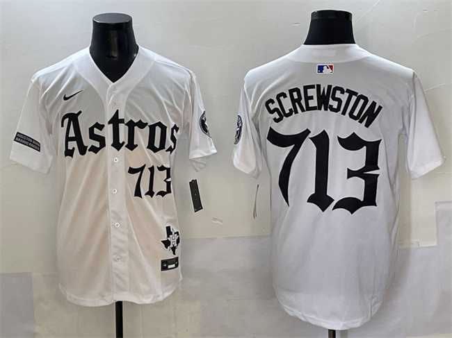 Men%27s Houston Astros #713 Screwston White Gothic %27Houston Born Barrio Raised%27 Limited Stitched Baseball Jersey