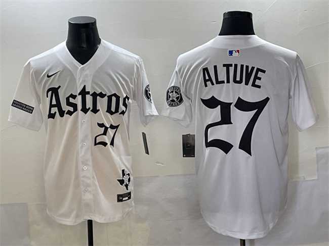 Men%27s Houston Astros #27 Jose Altuve White Gothic %27Houston Born Barrio Raised%27 Limited Stitched Baseball Jersey
