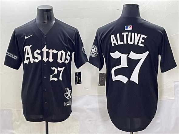 Men%27s Houston Astros #27 Jose Altuve Black Gothic %27Houston Born Barrio Raised%27 Limited Stitched Baseball Jersey