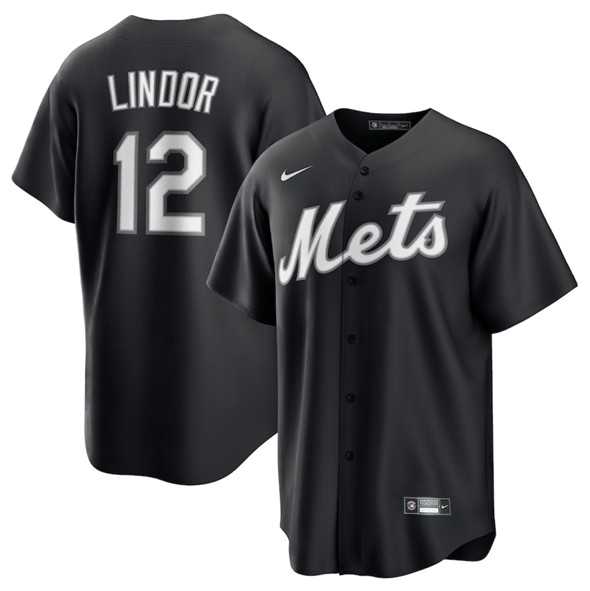 Men%27s New York Mets #12 Francisco Lindor Black Lights Out Limited Stitched Baseball Jersey Dzhi