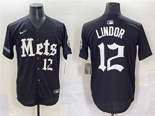 Men%27s New York Mets #12 Francisco Lindor Black %27Gotham Gothic Edition%27 Vapor Premier Limited Stitched Baseball Jersey