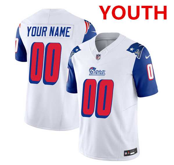 Youth New England Patriots active player custom white blue 2023 f.u.s.e. throwback limited stitched jersey
