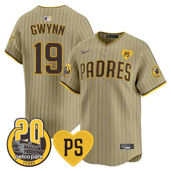 Men%27s San Diego Padres #19 Tony Gwynn Tan %27For Peter%27 And Petco Park 20th Patch Limited Stitched Baseball Jersey Dzhi