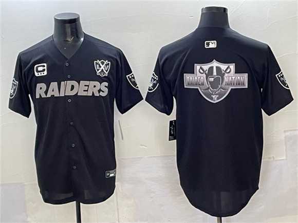 Men%27s Las Vegas Raiders Team Big Logo Black With Nevada Silver Stat Patch And 65th Anniversary Patch 3-Star C Patch Stitched Baseball Jersey