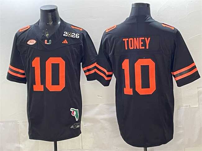 Men%27s Miami Hurricanes #10 Malachi Toney Black F.U.S.E. 2026 & Florida Patch Stitched Football Jersey