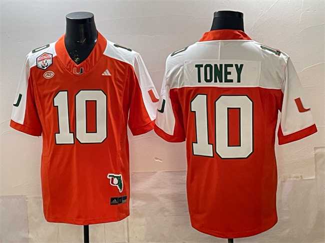 Men%27s Miami Hurricanes #10 Malachi Toney Orange Alternate F.U.S.E. The Fiesta Bowl Champions & Florida Patch Stitched Football Jersey