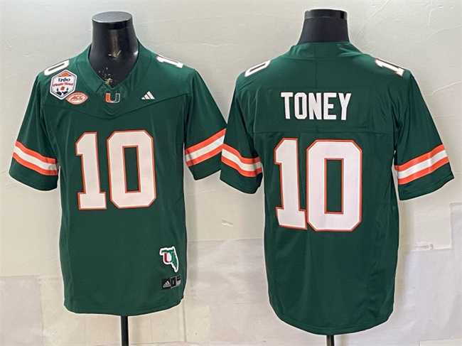 Men%27s Miami Hurricanes #10 Malachi Toney Green F.U.S.E. The Fiesta Bowl Champions & Florida Patch Stitched Football Jersey