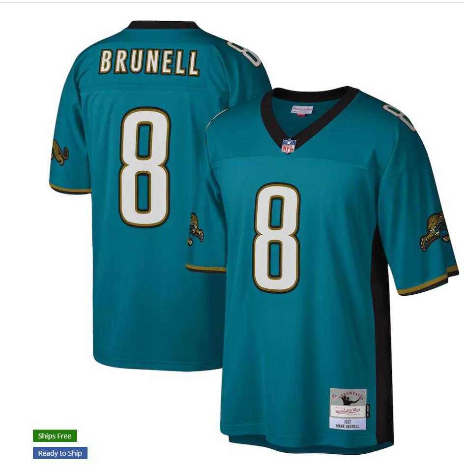 Men%27s Jacksonville Jaguars #8 Mark Brunell 1997 Mitchell & Ness Teal NFL Throwback Jersey