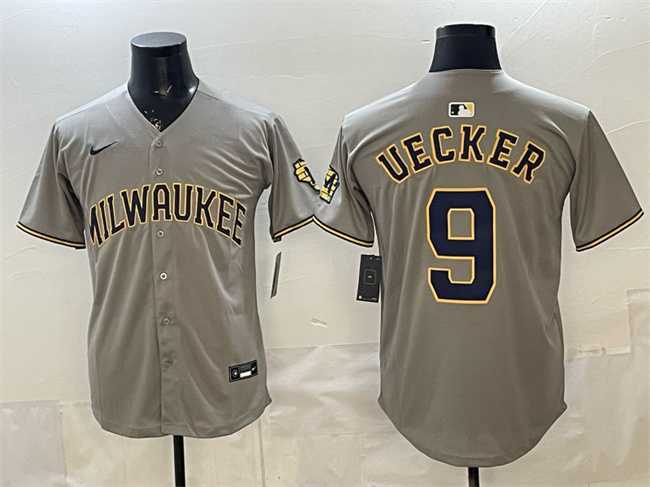 Men%27s Milwaukee Brewers #9 Bob Uecker Grey Home Limited Stitched Jersey
