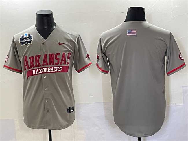 Men%27s Arkansas Razorbacks Blank Grey 2025 World Series & SEC Patch Stitched Jersey