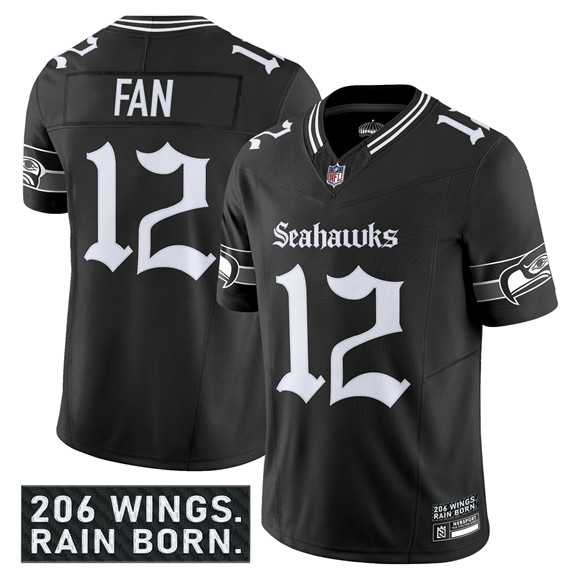Men & Women & Youth Seattle Seahawks #12 Fan Black 2025 F.U.S.E. %27Gothic Rain City Shadows Edition%27 Vapor Limited Stitched Jersey