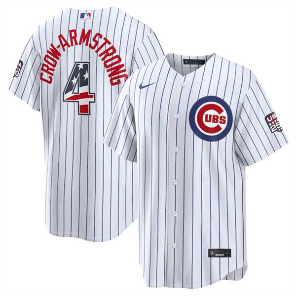 Men%27s Chicago Cubs #4 Pete Crow-Armstrong White 2026 USA 250 Fourth of July Home Stadium Stitched Jersey Dzhi