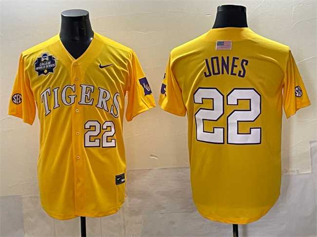 Men%27s LSU Tigers #22 Jared Jones Gold 2025 World Series & SEC Patch Stitched Baseball Jersey